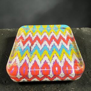 Vintage Ikat Chevron Glass Paperweight Square Decorative MultiColor Flat Glass